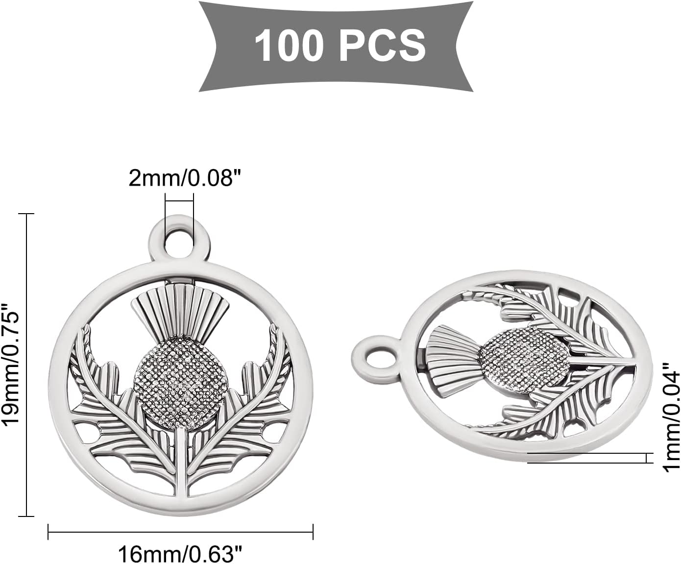 UNICRAFTALE 100pcs 19mm Scotland Thistle Flower Charms Tibetan Style Alloy Pendants Flat Round Charms Antique Silver Necklace Pendants for Women Men Jewelry Making Crafting - Image 3