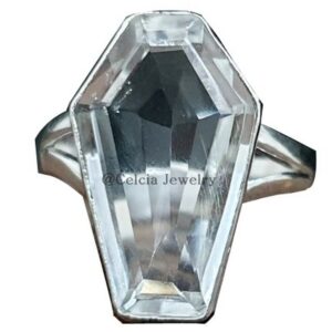 Crystal Quartz Natural White Gemstone Handmade Jewelry for Women, Pure 925 Sterling Silver Coffin Shape Rings, Western Wedding Ring, Party Wear Bridesmaid Gifts (US Ring size 9)