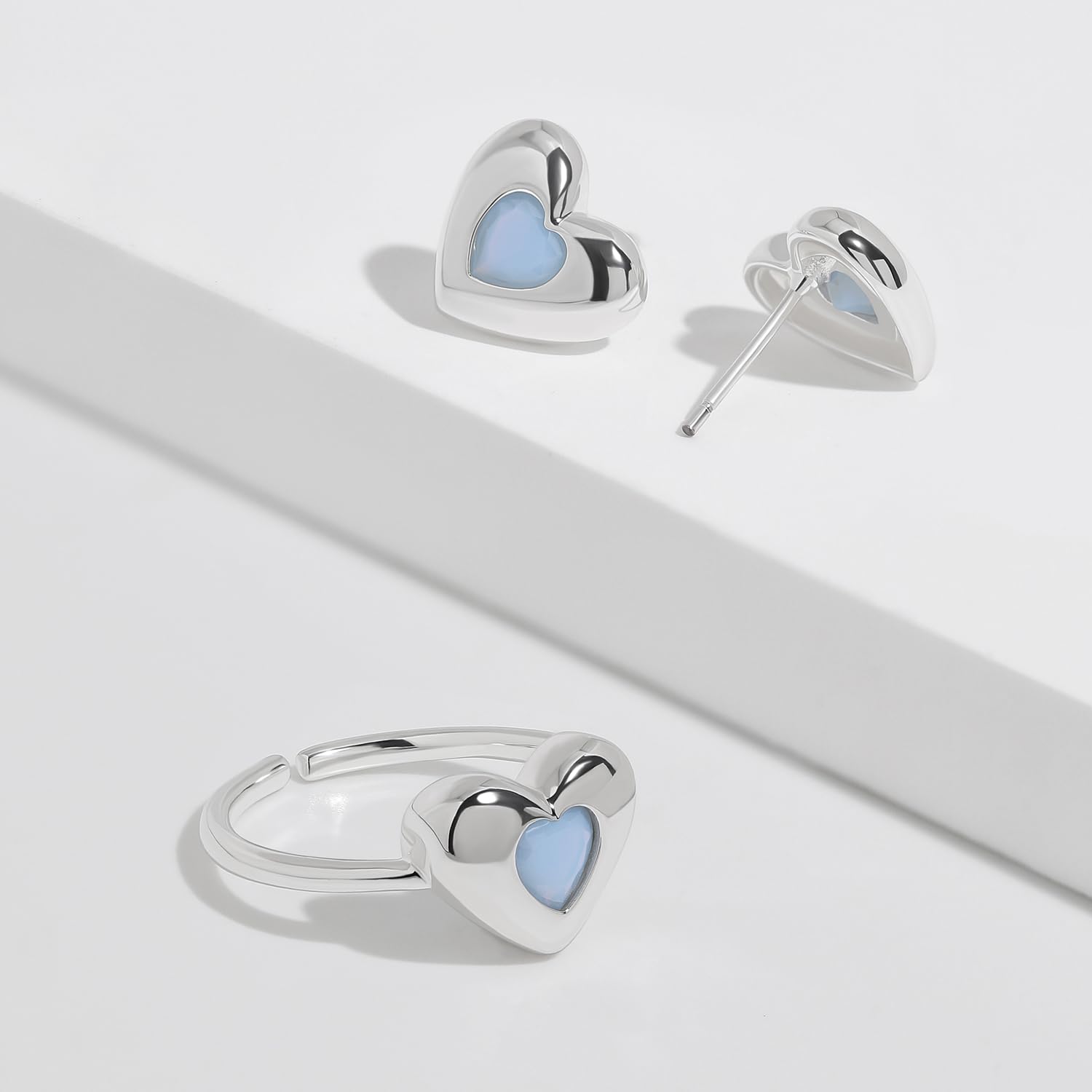 Meissa Opal Stud Earrings for Women Girls Pure Love Heart Sterling Silver Flat Back Stud Hypoallergenic Colorful Opal Earrings Handmade Birthday Gift, Silver, Light Blue Stone - Image 2