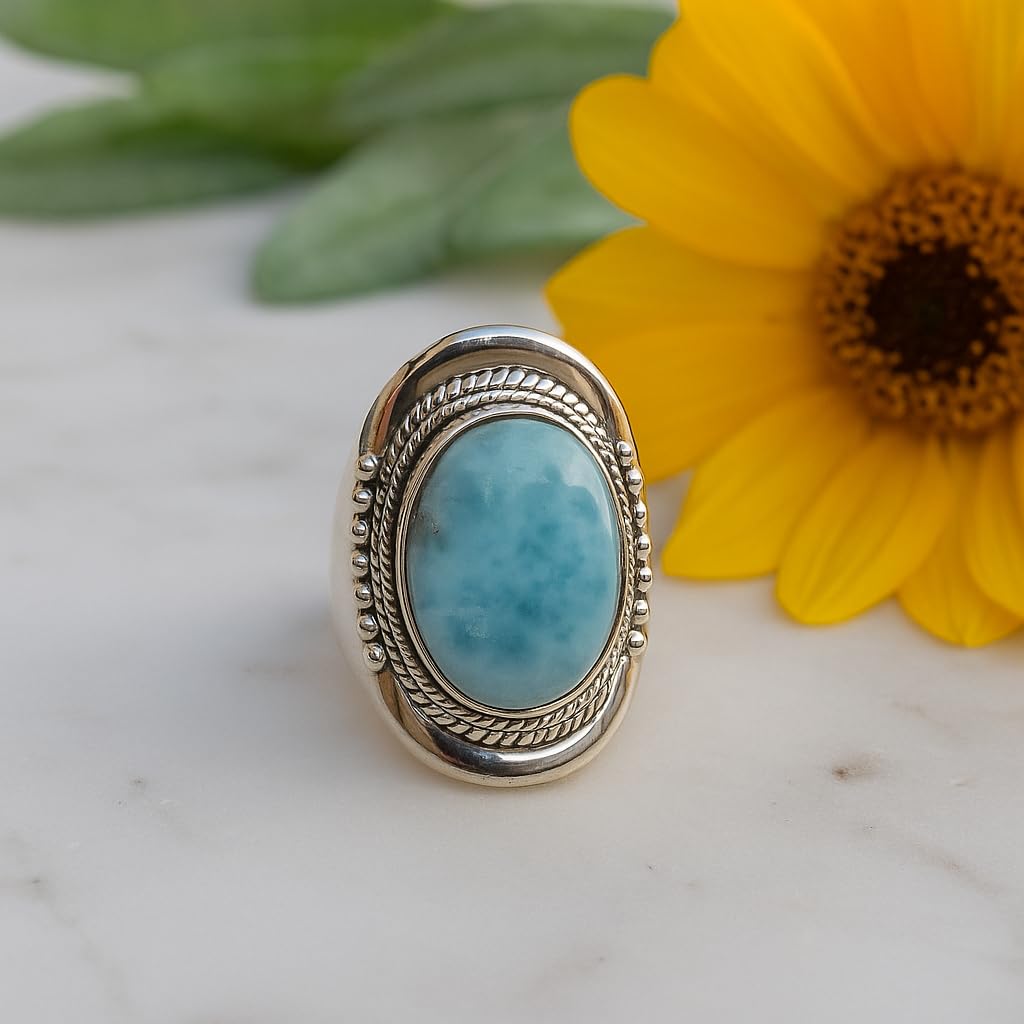 Blue Larimar Gemstone Ring Pure 925 Sterling Silver Handmade Promise Ring Unique Blue Stone Rings Large Stone Ring Boho Ring Gift Jewelry For Wife Mom Sister (11.5) - Image 2
