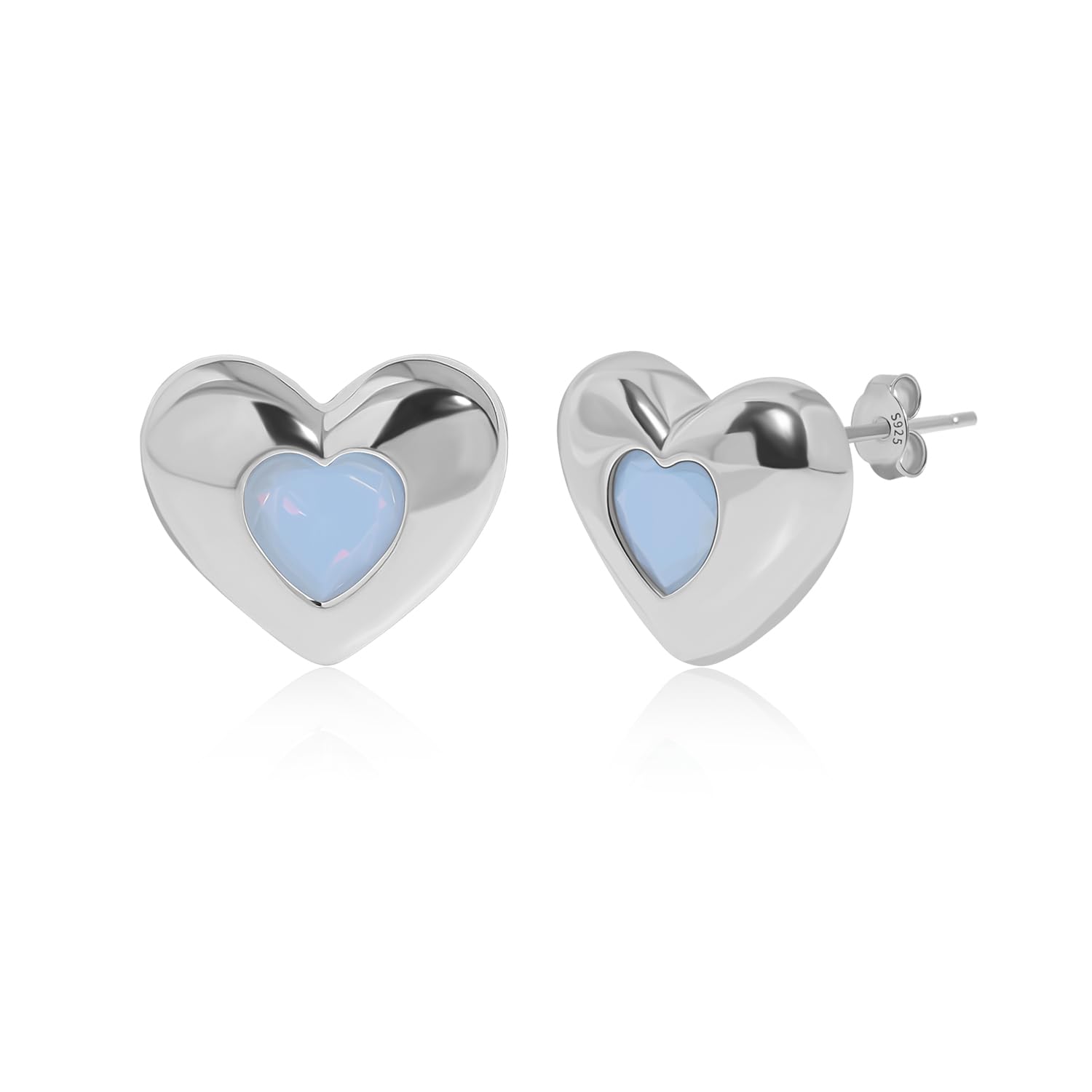 Meissa Opal Stud Earrings for Women Girls Pure Love Heart Sterling Silver Flat Back Stud Hypoallergenic Colorful Opal Earrings Handmade Birthday Gift, Silver, Light Blue Stone