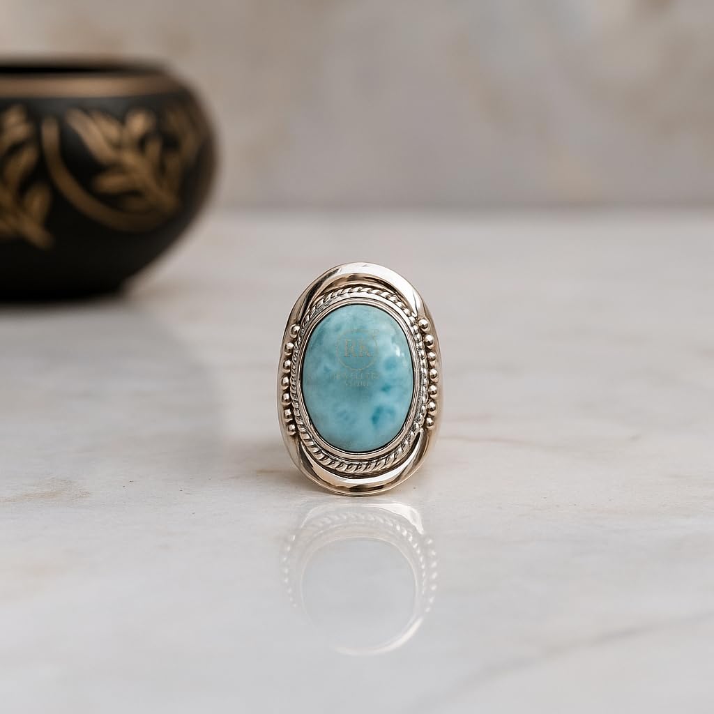 Blue Larimar Gemstone Ring Pure 925 Sterling Silver Handmade Promise Ring Unique Blue Stone Rings Large Stone Ring Boho Ring Gift Jewelry For Wife Mom Sister (11.5) - Image 6