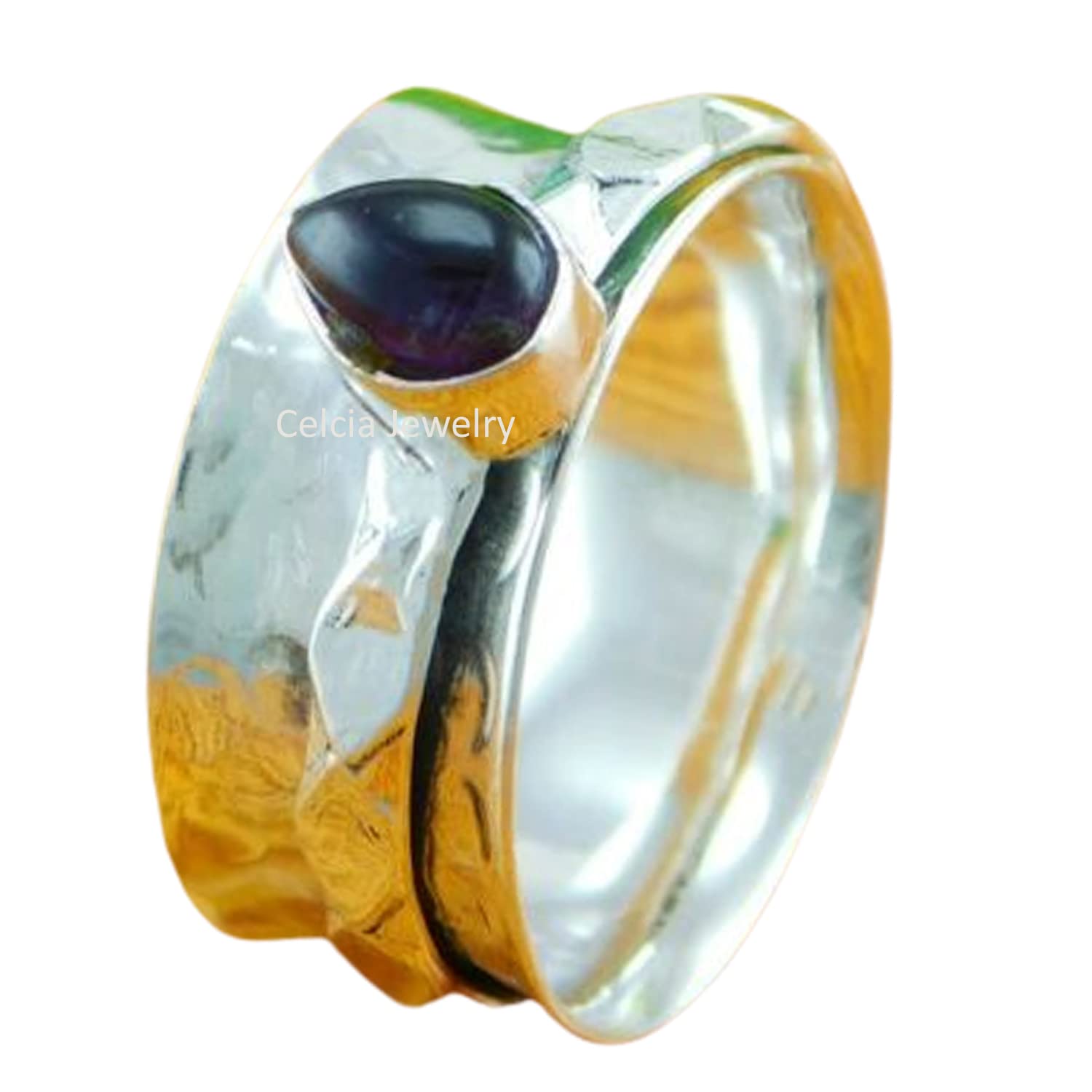 Natural Amethyst Gemstone Pear Shape Hammered Spinner Ring, Pure 925 Sterling Silver Spinning Ring, Spin Meditation Ring, February Birthstone Gifts Ring (US Ring size 4)
