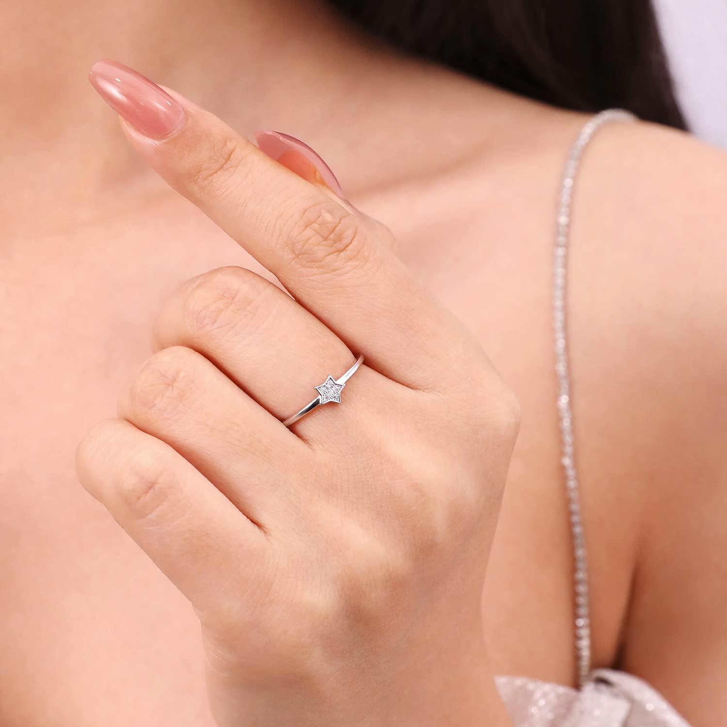 Meissa Star Ring Sterling Silver for Women Celestial Ring Pure Silver Ring Cute Midi Ring Thin Stacking Ring Size K-P, Silver, M 1/2 - Image 2