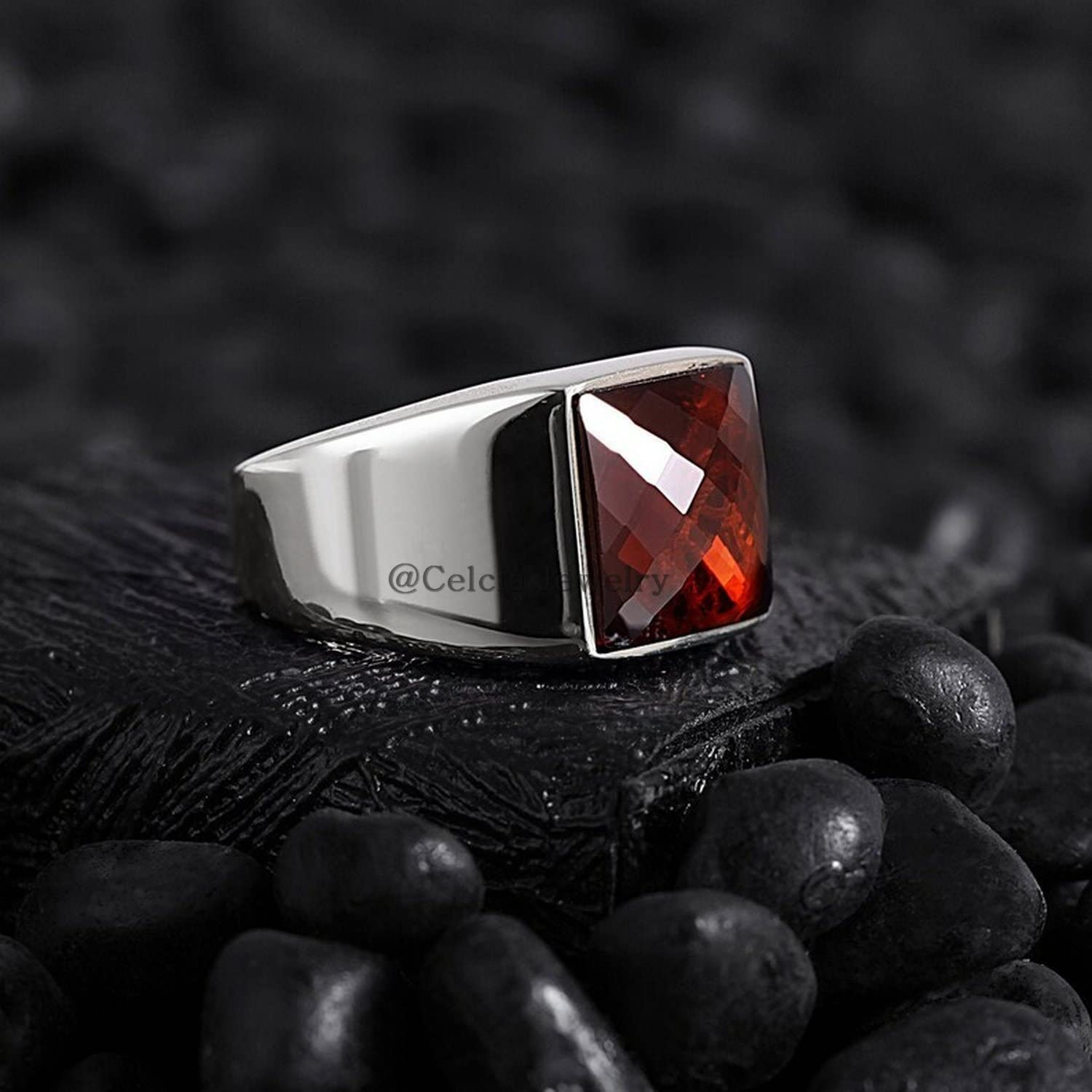 Genuine Red Cubic Zircon 12MM Gemstone Ring, Pure 925 Sterling Silver, Statement Ring Proposal Ring, Modern Signet Mens Gifts Ring, Birthday Anniversary Gifts for Him (red-cubic-zircon, Size 7) - Image 3