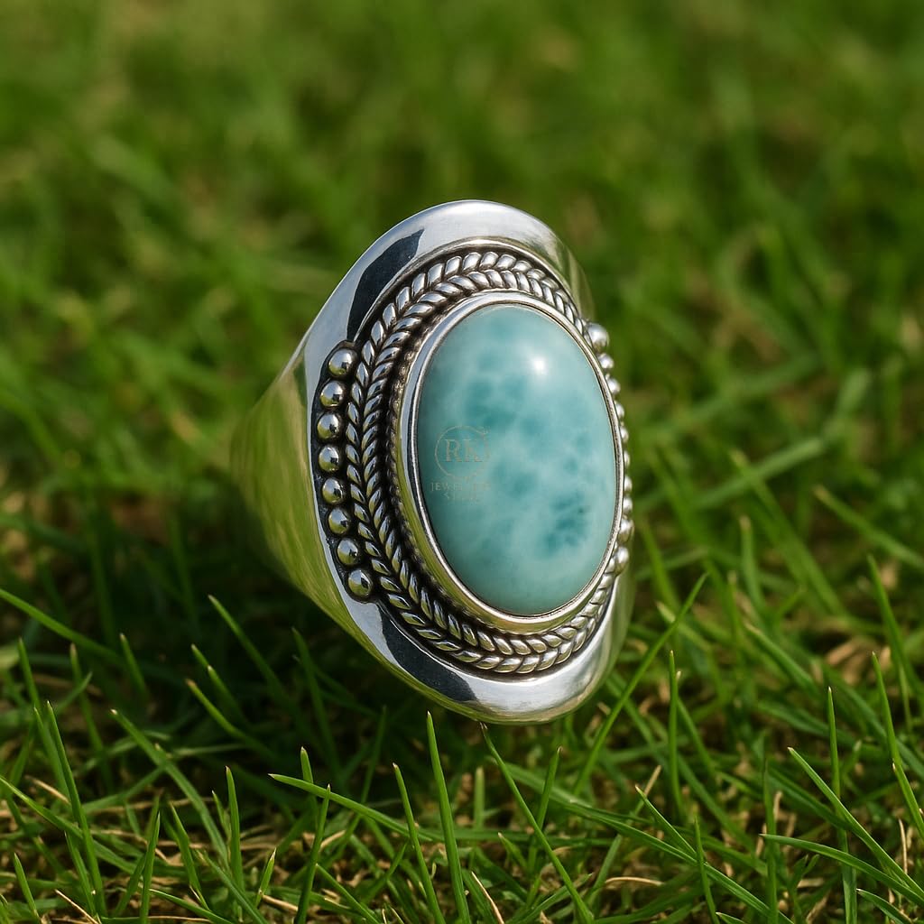 Blue Larimar Gemstone Ring Pure 925 Sterling Silver Handmade Promise Ring Unique Blue Stone Rings Large Stone Ring Boho Ring Gift Jewelry For Wife Mom Sister (11.5) - Image 5