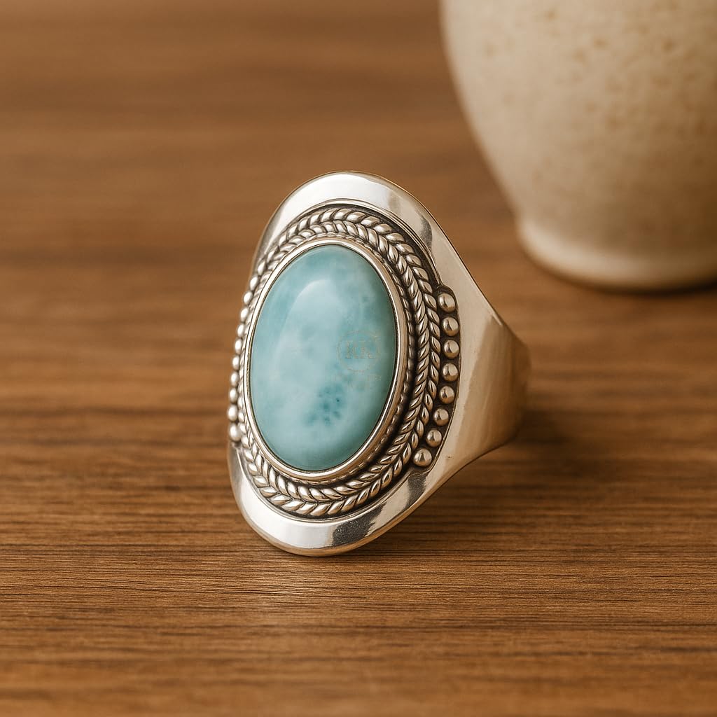 Blue Larimar Gemstone Ring Pure 925 Sterling Silver Handmade Promise Ring Unique Blue Stone Rings Large Stone Ring Boho Ring Gift Jewelry For Wife Mom Sister (11.5) - Image 3
