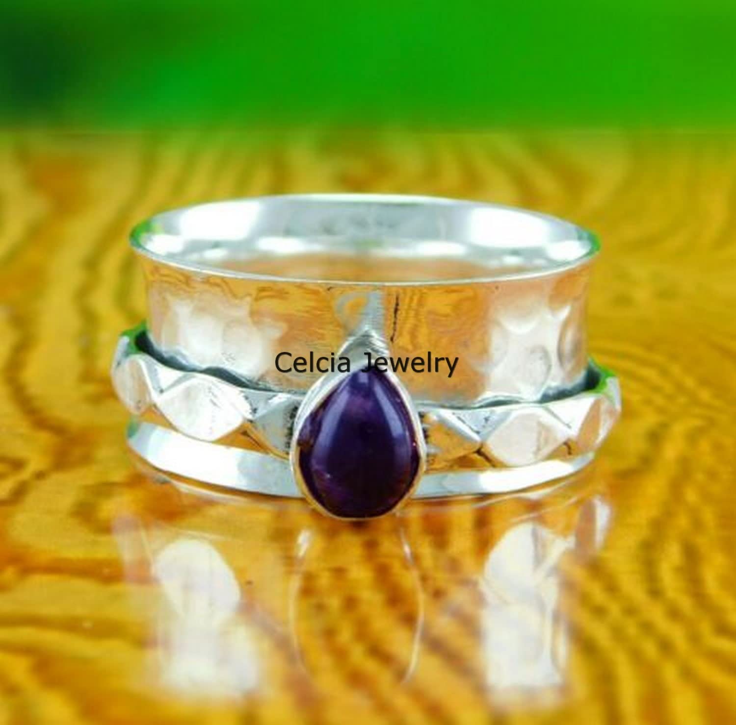 Natural Amethyst Gemstone Pear Shape Hammered Spinner Ring, Pure 925 Sterling Silver Spinning Ring, Spin Meditation Ring, February Birthstone Gifts Ring (US Ring size 4) - Image 2