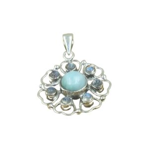 Blue Larimar And Rainbow Moonstone Design Pendant Necklace 925 Sterling Silver Handmade Statement Pendant Larimar And Moonstone Gift Jewellery For Women