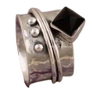 Natural Black Onyx Lucifer Gemstone Square Ring, Pure 925 Sterling Silver Spinner Ring for Women Men, Spin Meditation Ring, Unique Wedding Gifts Ring (US Ring size 12)