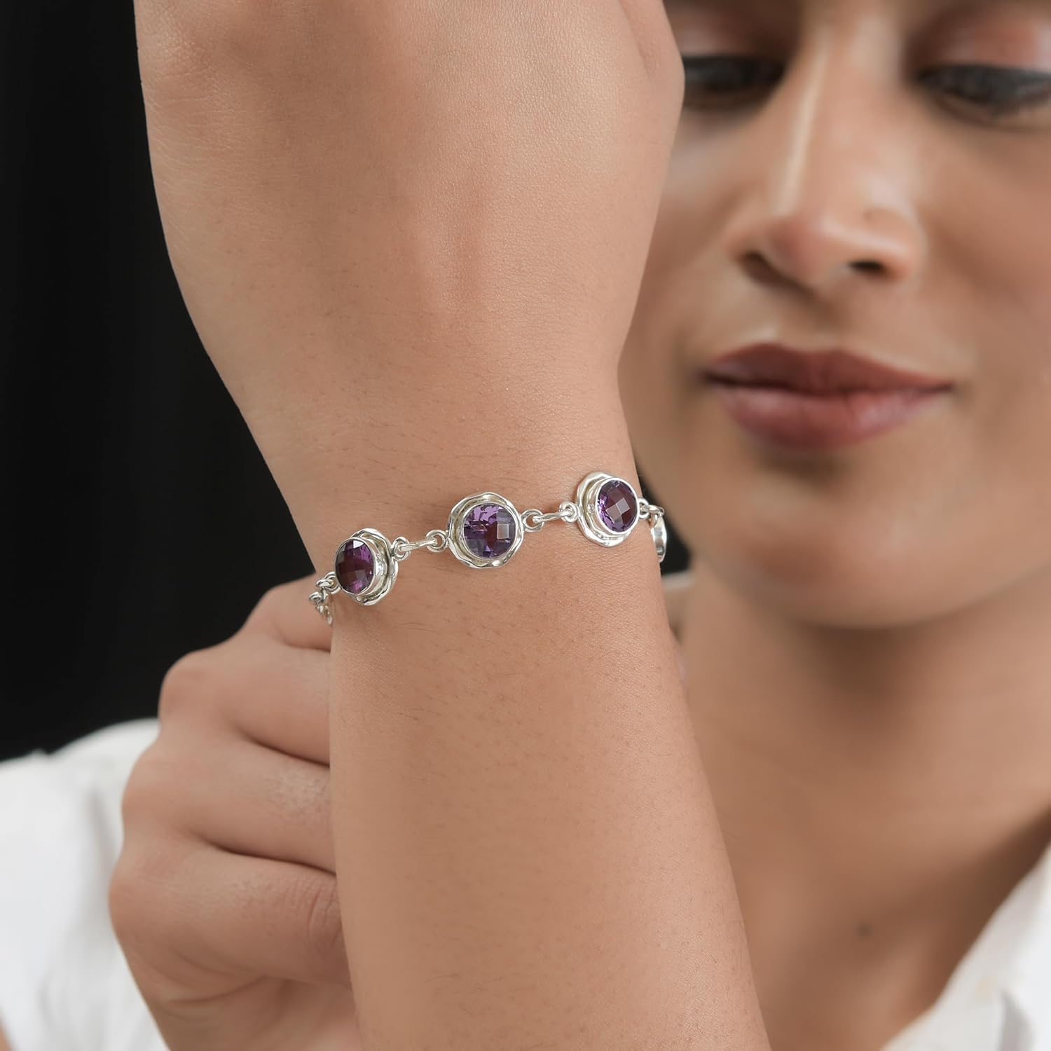 Amethyst Birthstone Bracelet, Genuine Amethyst Gemstone, Pure Sterling Silver Handmade Link Chain, Healing Crystal Jewellery for Women and Girls - Image 4