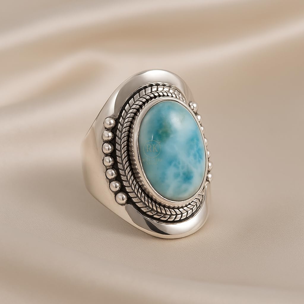 Blue Larimar Gemstone Ring Pure 925 Sterling Silver Handmade Promise Ring Unique Blue Stone Rings Large Stone Ring Boho Ring Gift Jewelry For Wife Mom Sister (11.5) - Image 4
