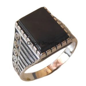 Genuine Black Onyx Gemstone Flat Rectangle Mens Signet Ring, Pure 925 Sterling Silver Statement Promise Ring, Metaphysical Engagement Gifts Ring for Him (black-onyx)