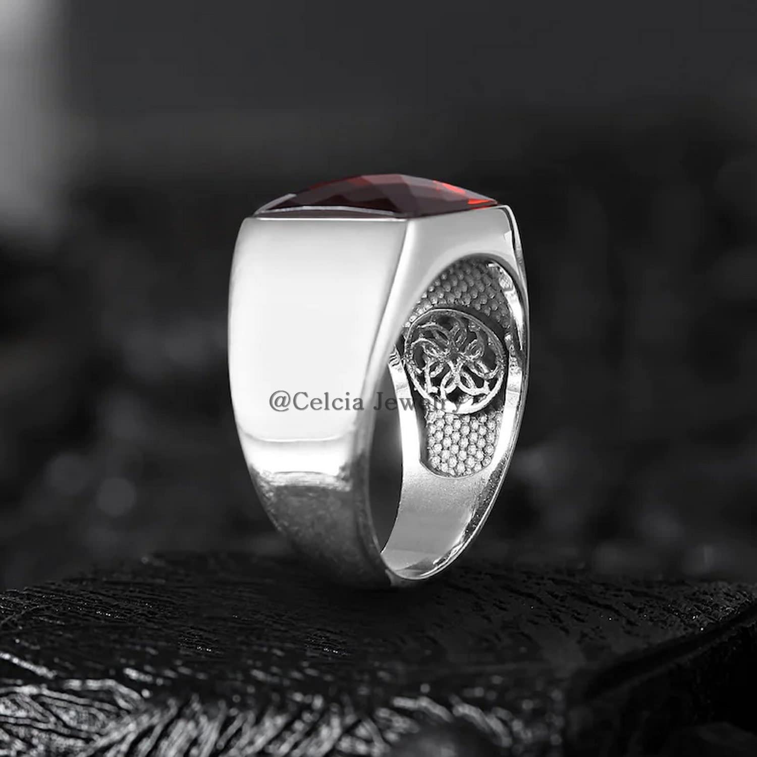 Genuine Red Cubic Zircon 12MM Gemstone Ring, Pure 925 Sterling Silver, Statement Ring Proposal Ring, Modern Signet Mens Gifts Ring, Birthday Anniversary Gifts for Him (red-cubic-zircon, Size 7) - Image 2