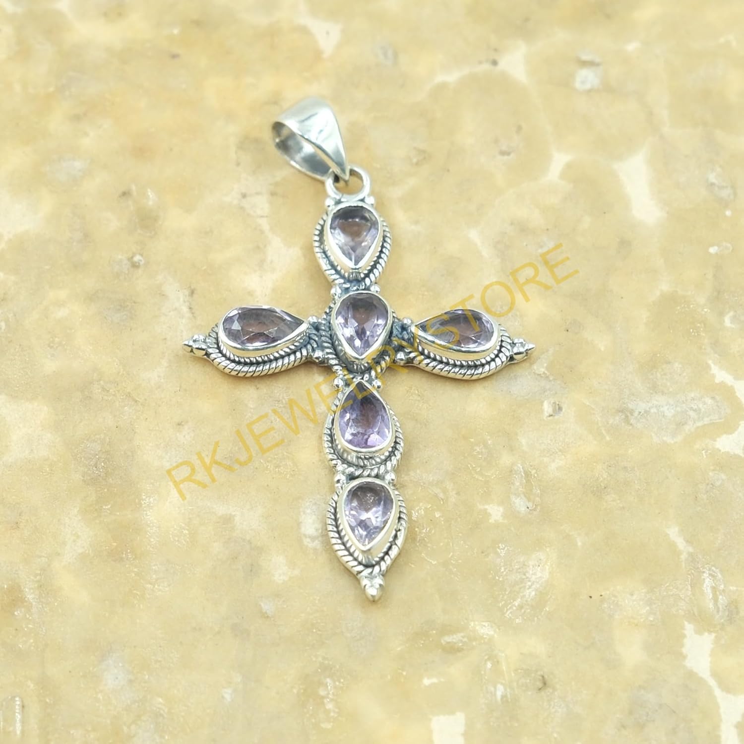 Amethyst Pure 925 Sterling Silver Cross Pendant Necklace Handmade Statement Design Purple Stone Pendant Birthday Gift Jewellery For Men And Women - Image 7