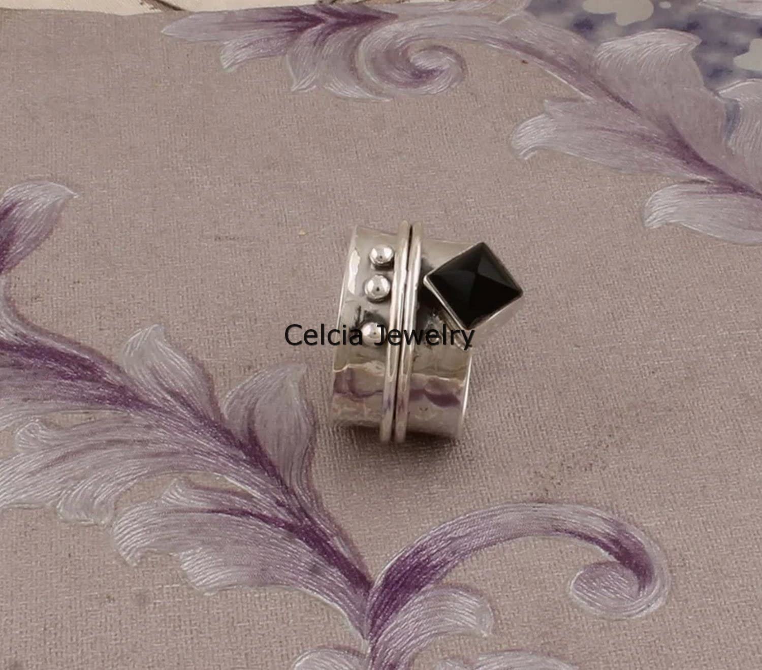 Natural Black Onyx Lucifer Gemstone Square Ring, Pure 925 Sterling Silver Spinner Ring for Women Men, Spin Meditation Ring, Unique Wedding Gifts Ring (US Ring size 12) - Image 5