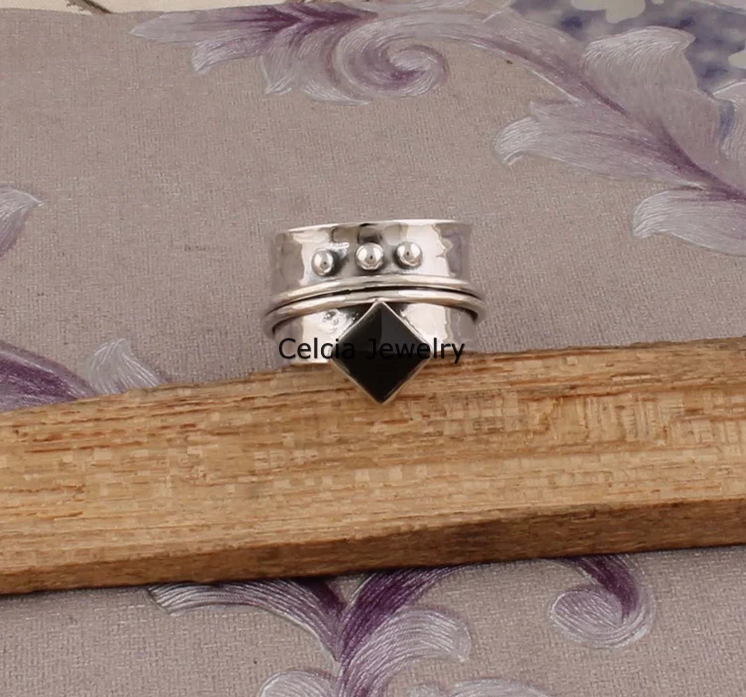 Natural Black Onyx Lucifer Gemstone Square Ring, Pure 925 Sterling Silver Spinner Ring for Women Men, Spin Meditation Ring, Unique Wedding Gifts Ring (US Ring size 12) - Image 6