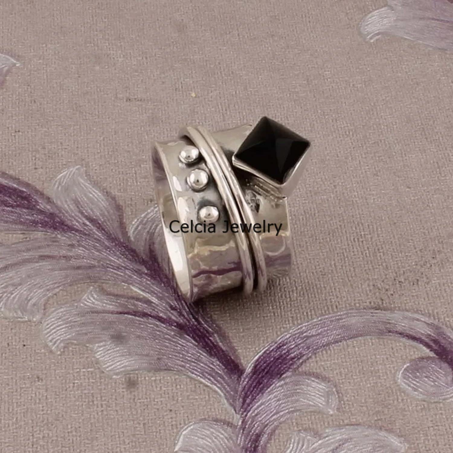 Natural Black Onyx Lucifer Gemstone Square Ring, Pure 925 Sterling Silver Spinner Ring for Women Men, Spin Meditation Ring, Unique Wedding Gifts Ring (US Ring size 12) - Image 4