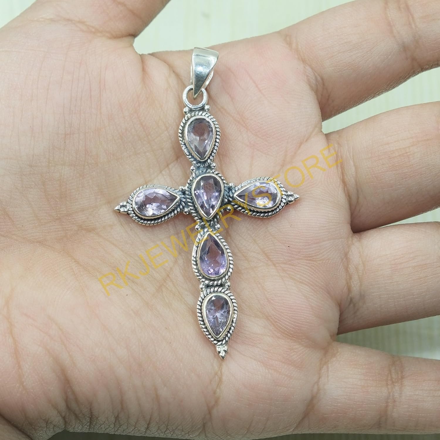 Amethyst Pure 925 Sterling Silver Cross Pendant Necklace Handmade Statement Design Purple Stone Pendant Birthday Gift Jewellery For Men And Women - Image 5
