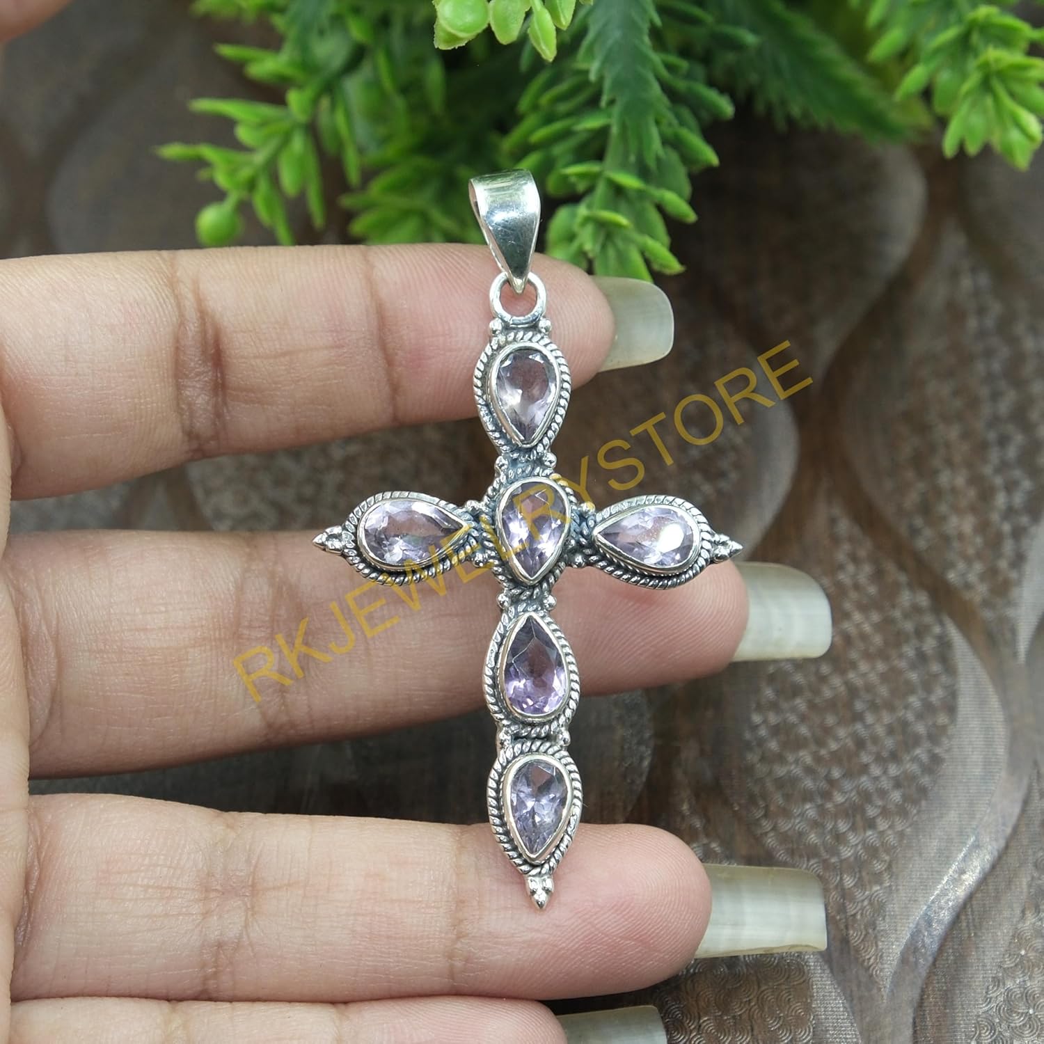 Amethyst Pure 925 Sterling Silver Cross Pendant Necklace Handmade Statement Design Purple Stone Pendant Birthday Gift Jewellery For Men And Women - Image 3