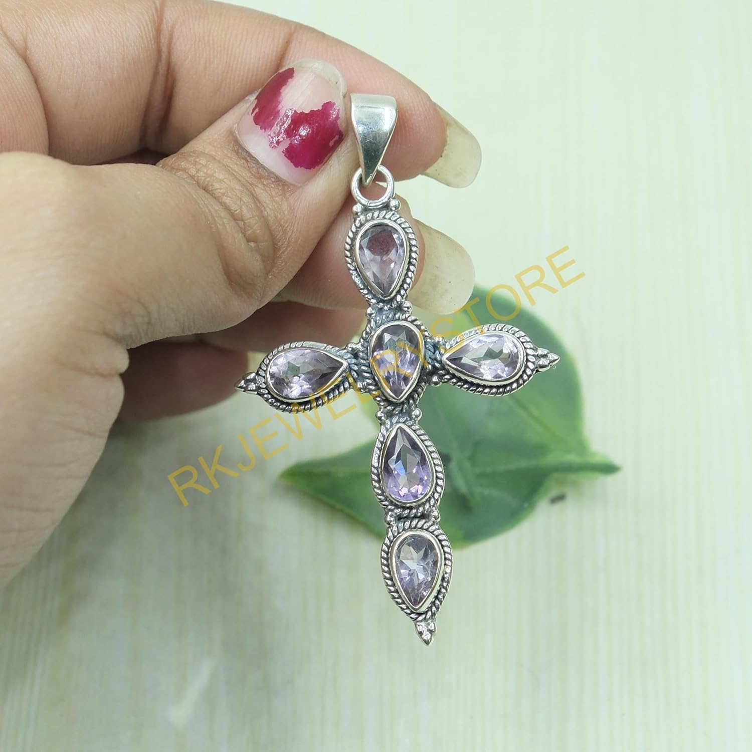 Amethyst Pure 925 Sterling Silver Cross Pendant Necklace Handmade Statement Design Purple Stone Pendant Birthday Gift Jewellery For Men And Women - Image 2