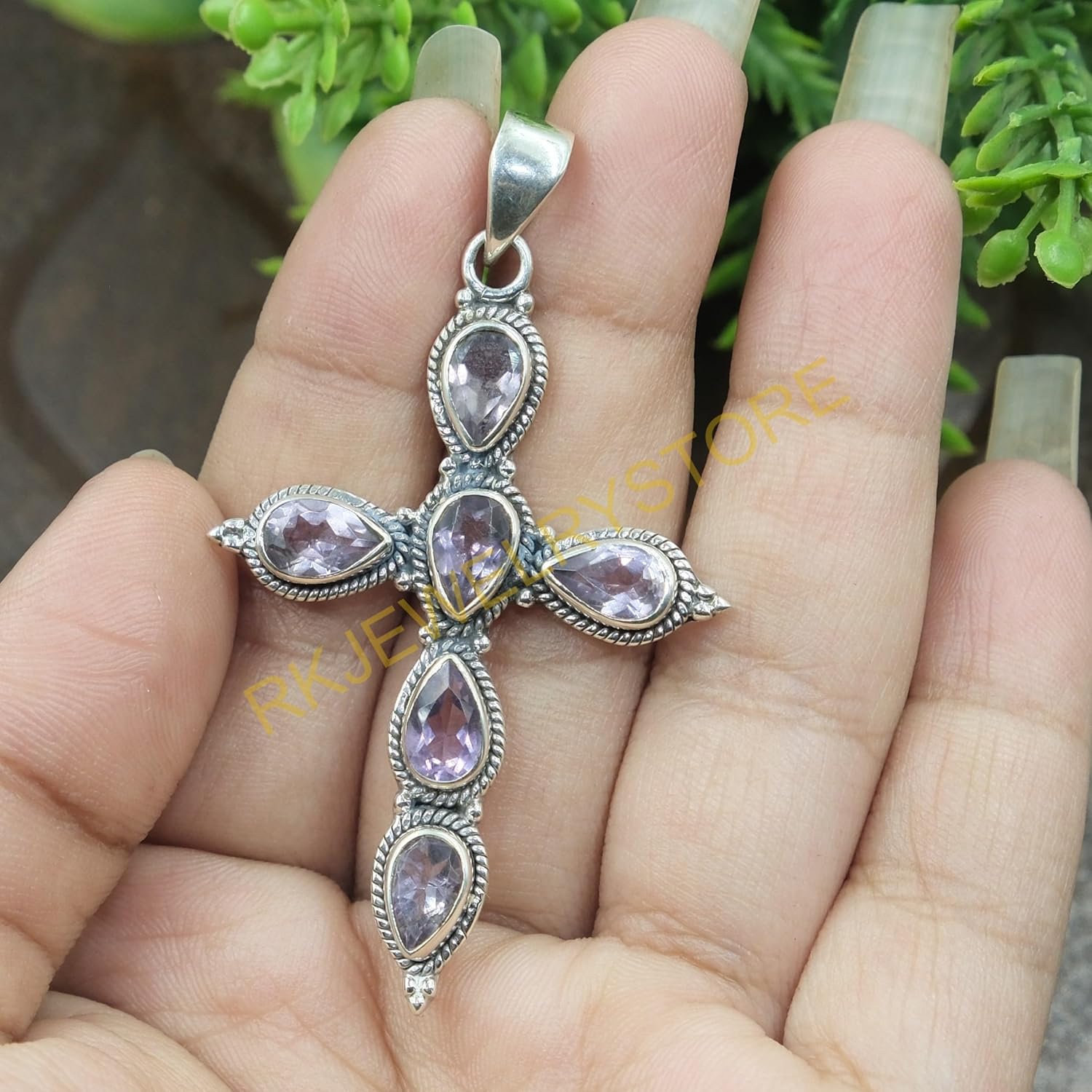 Amethyst Pure 925 Sterling Silver Cross Pendant Necklace Handmade Statement Design Purple Stone Pendant Birthday Gift Jewellery For Men And Women - Image 4