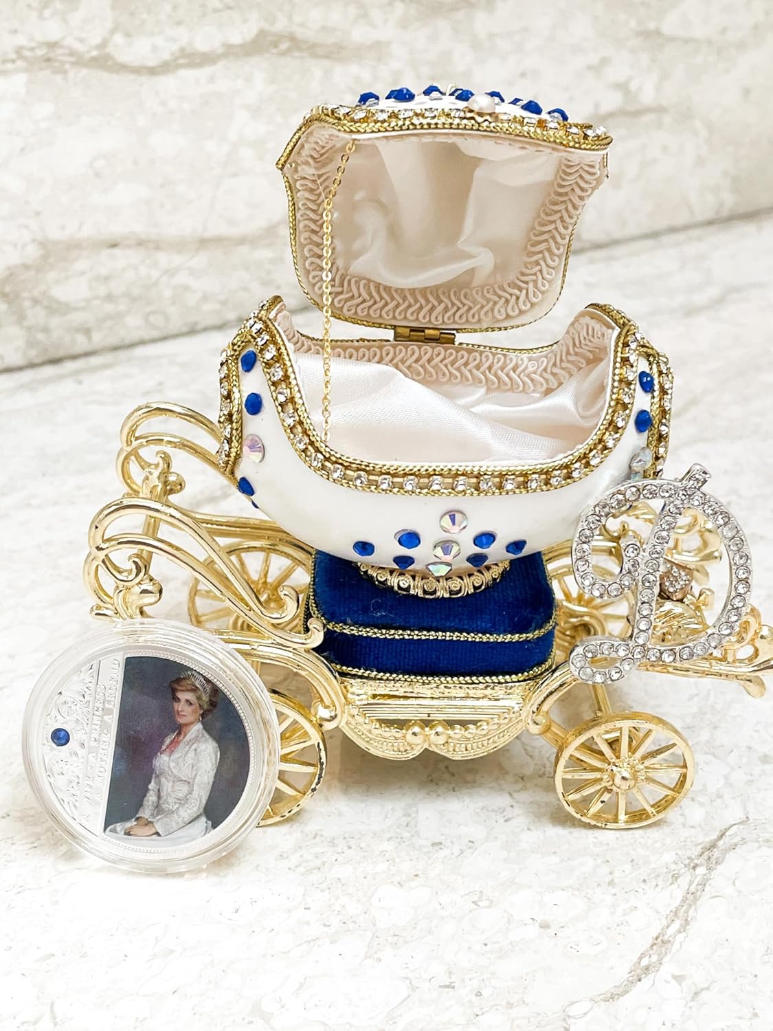 1997 Lady Diana Spencer Royal Carriage Centrepiece Imperial EGG Collectible Princess Diana Memoir NATURAL HANDCARVED MUSIC Egg Pure GOLD decor Austrian Crystal Diamonds Handset Egg & SILVER coin gift - Image 2