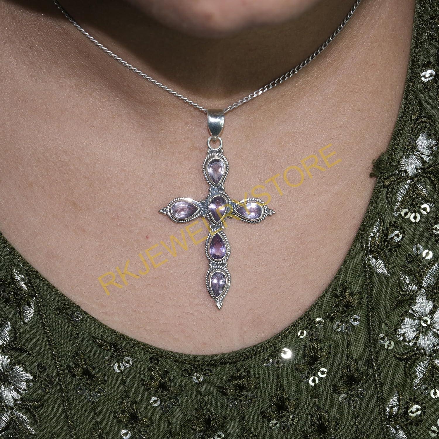 Amethyst Pure 925 Sterling Silver Cross Pendant Necklace Handmade Statement Design Purple Stone Pendant Birthday Gift Jewellery For Men And Women - Image 6