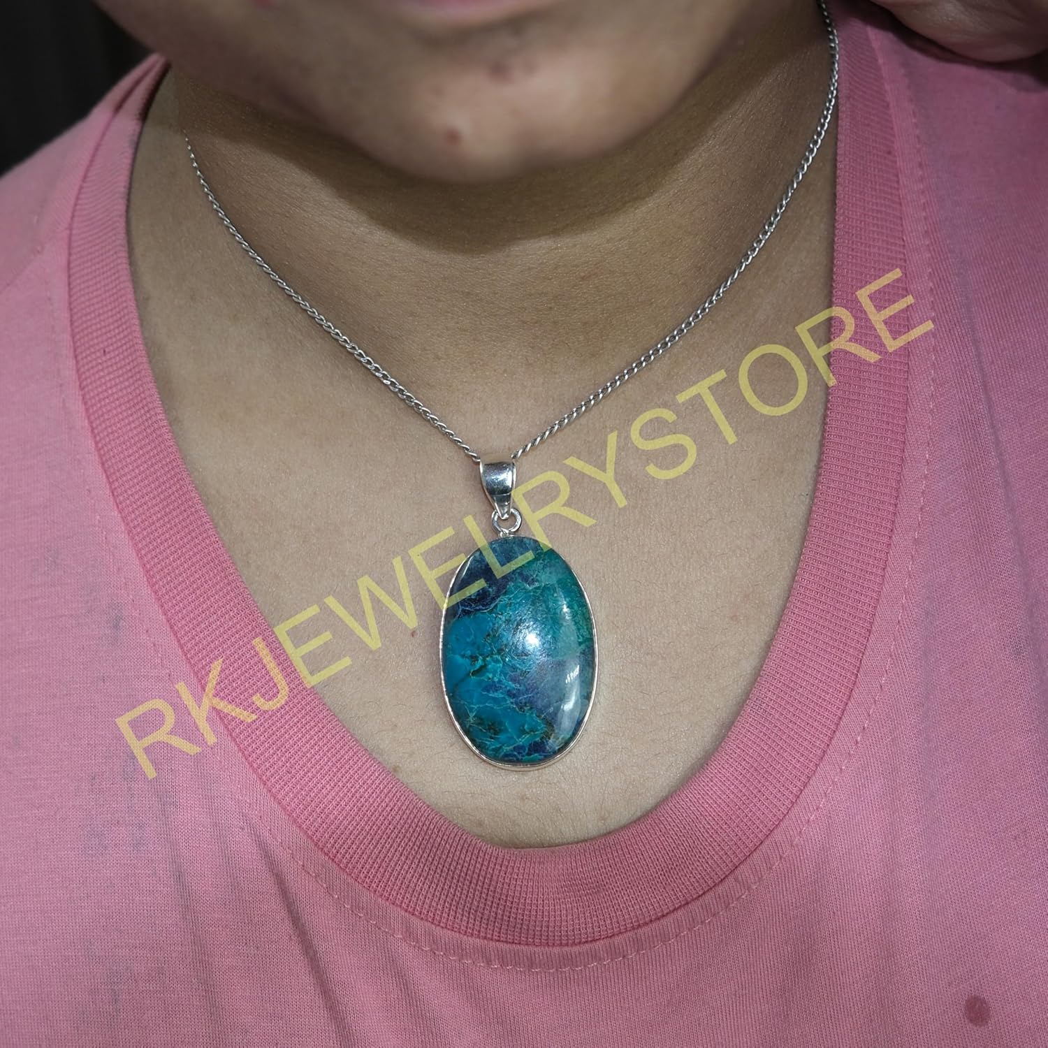 Blue Shattuckite Gemstone Pendant Necklace Pure 925 Sterling Silver Handmade Statement Pendant Large Stone Pendant Shattuckite Jewelry Gift For Men And Women - Image 3