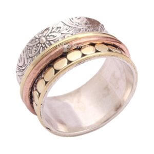 Bali Craft Spinning Ring, Meditation Spinner Ring, Pure 925 Sterling Silver Organic Ring, Three Tone Ring, Floral Flower Designer Ring, Unique Handmade Jewelry (US Ring size 10)