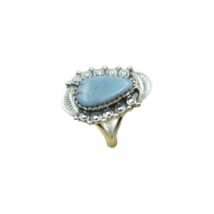 Blue Angelite Stone Pure 925 Sterling Silver Statement Design Ring With Small Balls Gift Jewelry For Women (K)