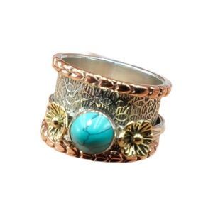Turquoise Gemstone Pure 925 Sterling Silver and Brass Handmade Unique Design Spinner Fidget Anxiety Thumb Band Statement Ring Jewelry (R)
