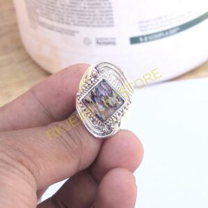 Large Abalone Shell Gemstone Pure 925 Sterling Silver Handmade Stacking Ring Unique Stone Rings Abalone Shell Jewelry Christmas Gift Jewelry For Women (9.5)