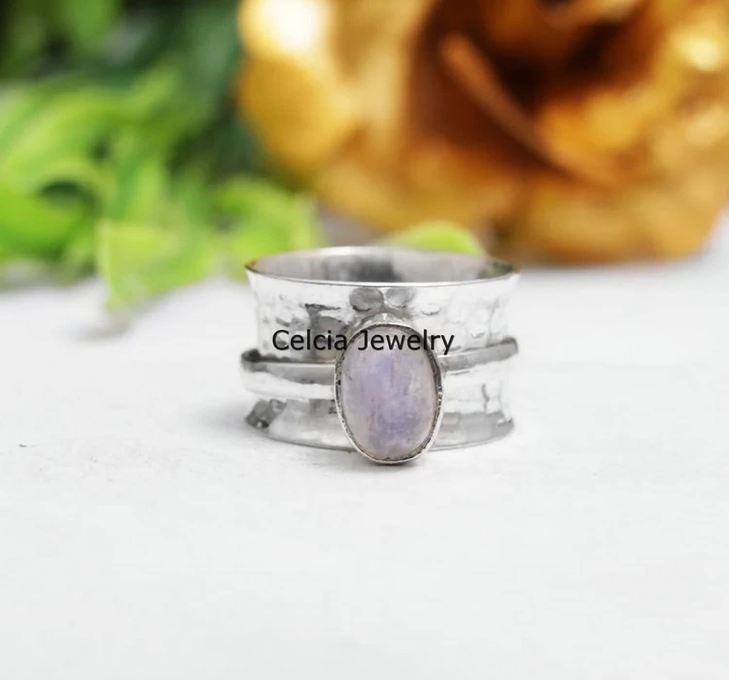 Moonstone Oval Spinner Ring, Unisex Handmade Ring, Pure 925 Sterling Silver Meditation Ring, Spinning Fidget Ring, Spin Hammered Ring, June Birthstone Gift for Love (US Ring size 10) - Image 2