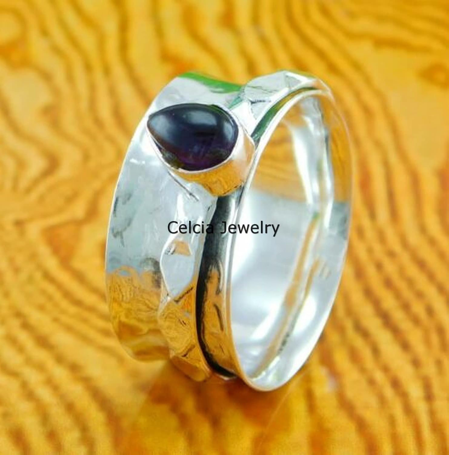Natural Amethyst Gemstone Pear Shape Hammered Spinner Ring, Pure 925 Sterling Silver Spinning Ring, Spin Meditation Ring, February Birthstone Gifts Ring (US Ring size 6) - Image 3