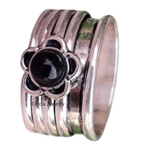 Black Onyx Beautiful Gemstone Unique Flower Designer Silver Spinner Ring, Pure 925 Sterling Silver Spinning Band Ring, Spin Meditation Ring, Anxiety Ring (US Ring size 11)