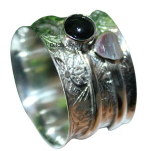 Black Onyx Gemstone Beautiful Heart Spinner Ring, Pure 925 Sterling Silver Flower Spinning Ring, Spin Meditation Ring, Wedding Gifts for Women Men (US Ring size 11)