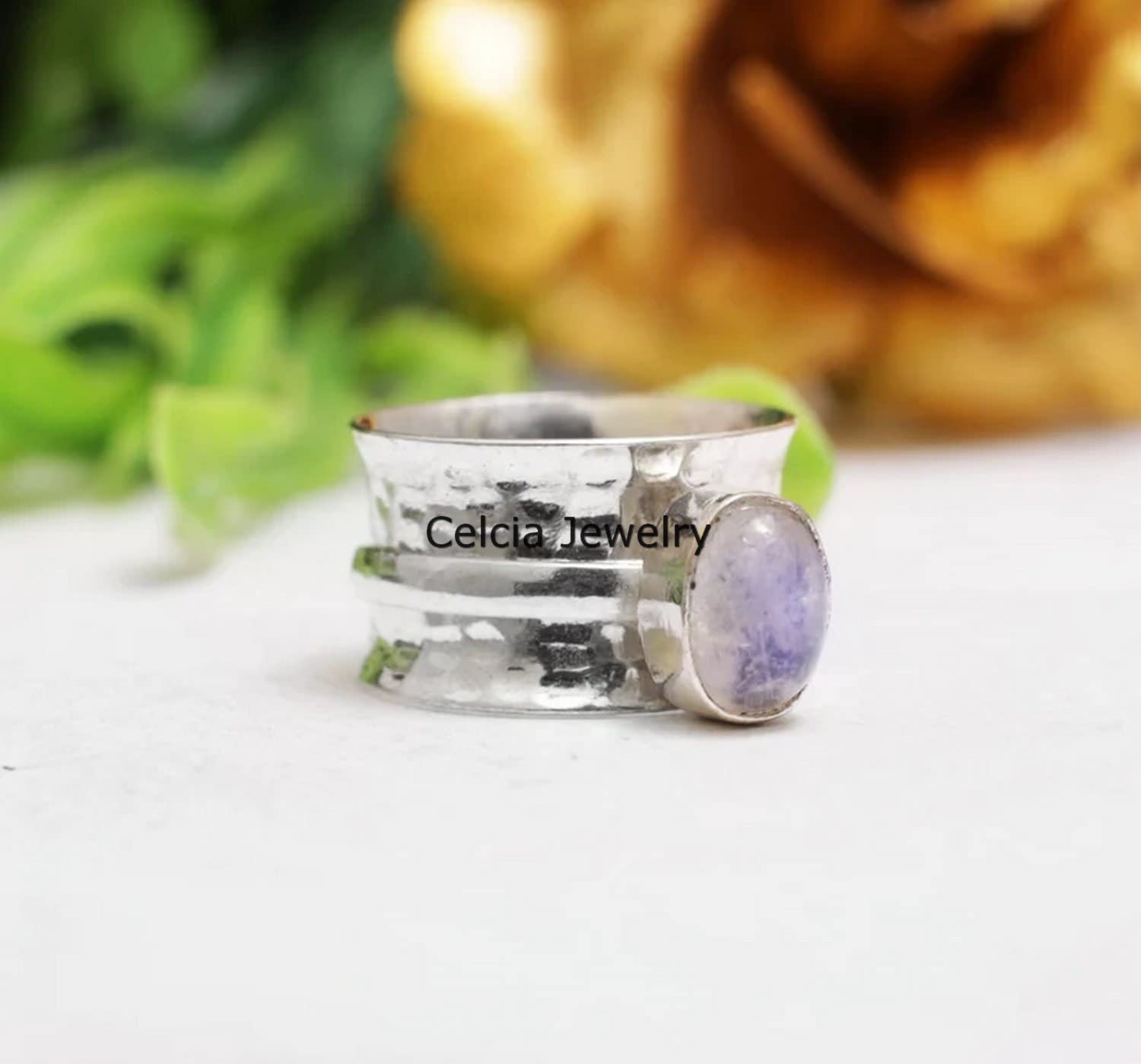 Moonstone Oval Spinner Ring, Unisex Handmade Ring, Pure 925 Sterling Silver Meditation Ring, Spinning Fidget Ring, Spin Hammered Ring, June Birthstone Gift for Love (US Ring size 10) - Image 3