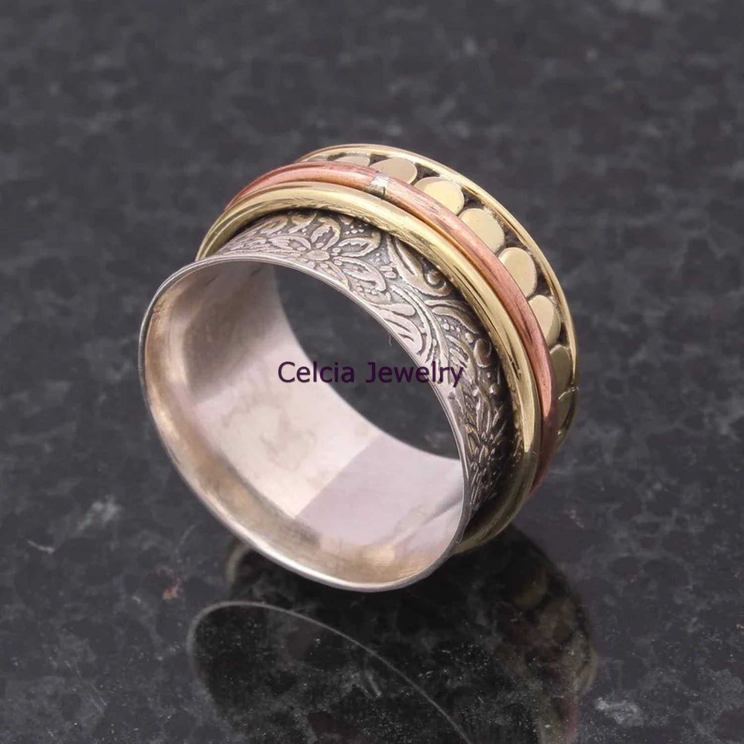 Bali Craft Spinning Ring, Meditation Spinner Ring, Pure 925 Sterling Silver Organic Ring, Three Tone Ring, Floral Flower Designer Ring, Unique Handmade Jewelry (US Ring size 6) - Image 2