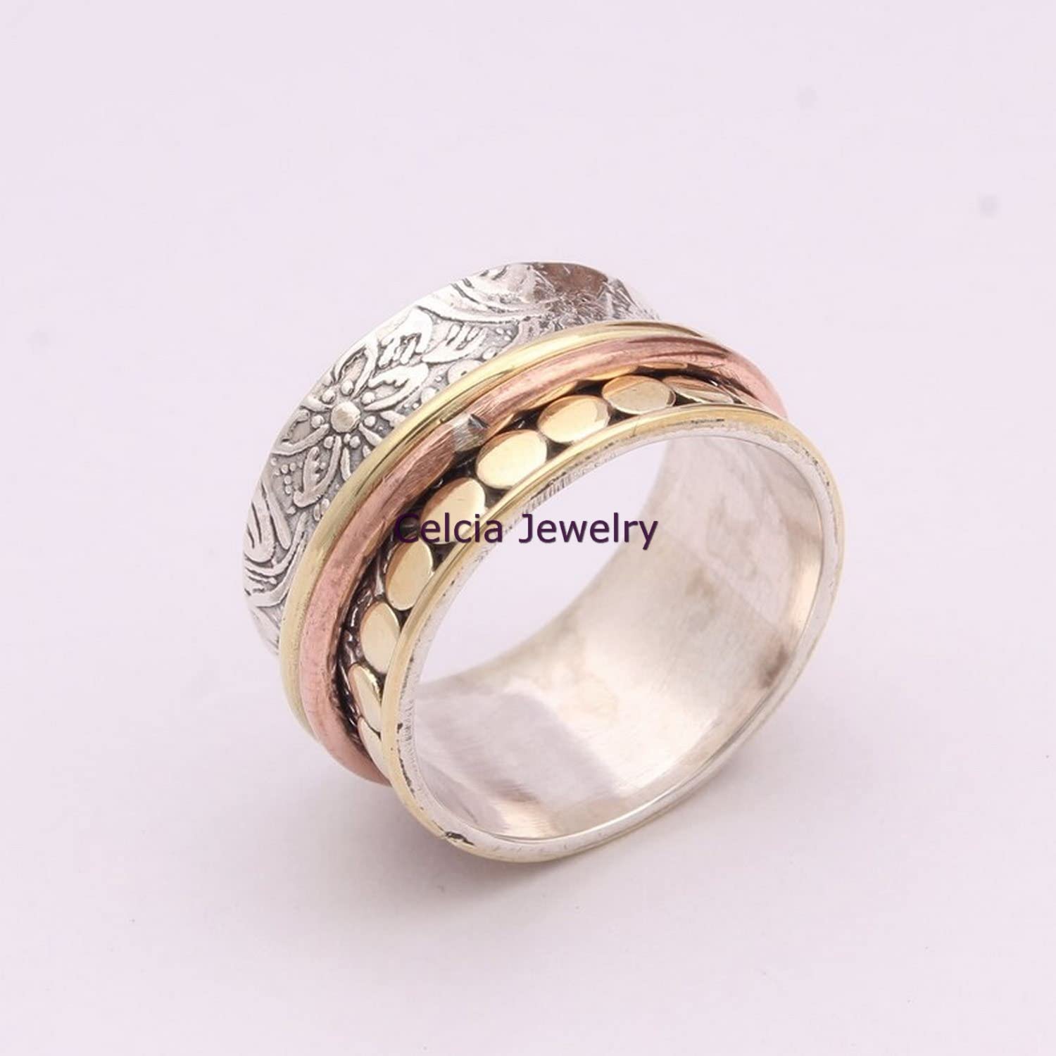 Bali Craft Spinning Ring, Meditation Spinner Ring, Pure 925 Sterling Silver Organic Ring, Three Tone Ring, Floral Flower Designer Ring, Unique Handmade Jewelry (US Ring size 6) - Image 3