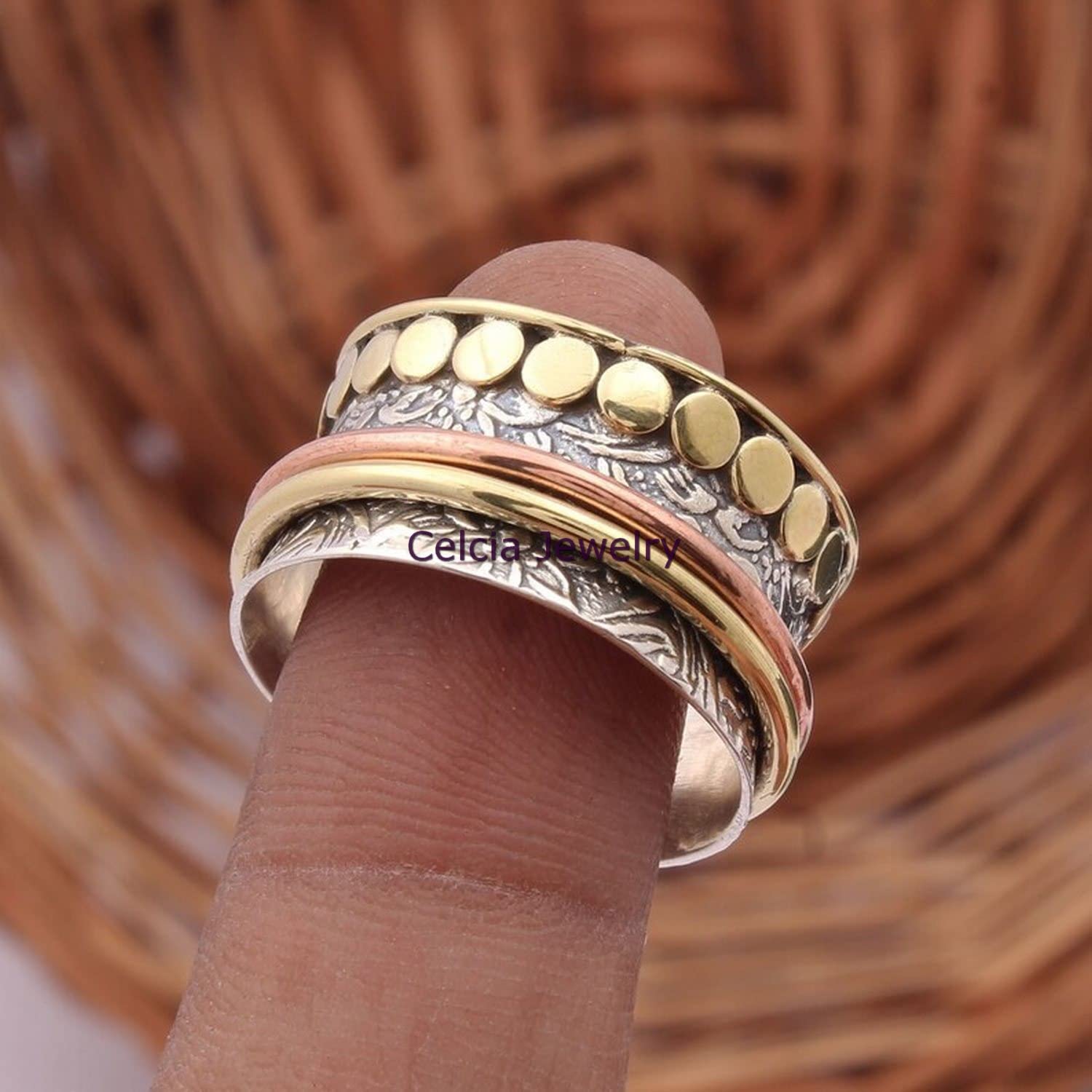 Bali Craft Spinning Ring, Meditation Spinner Ring, Pure 925 Sterling Silver Organic Ring, Three Tone Ring, Floral Flower Designer Ring, Unique Handmade Jewelry (US Ring size 6) - Image 4