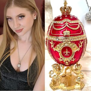 HANDMADE Imperial eggs Collection Teacher Appreciation gift PLUS Silver Diamond Necklace 20" Romanov Easter eggs Ornaments Valentine day gift for Mother 300 Austrian Crystal DIAMONDS Vermeil Pure GOLD