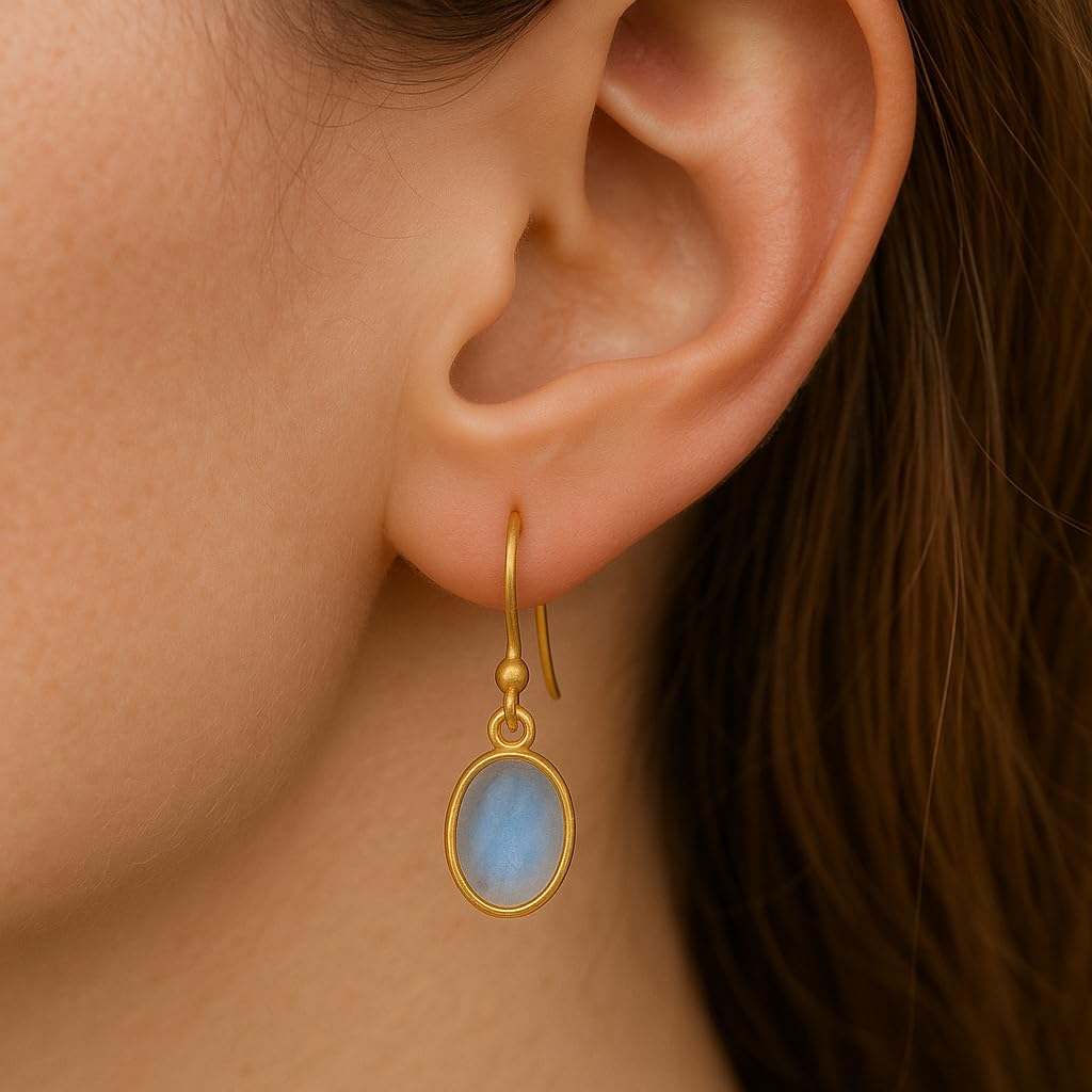 Blue Moonstone Pure 925 Sterling Silver Yellow Gold Plated Handmade Dangling Earrings Gift Jewellery For Women - Image 4