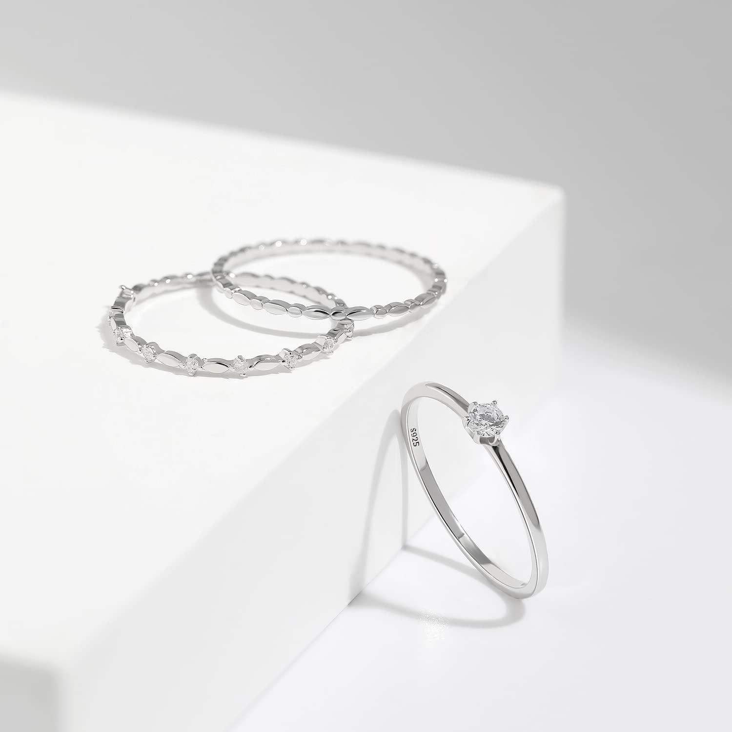 Meissa Thin Stackble Ring Set of 3 Pure Silver Stacking Rings for Women Dainty Gold Ring Minimalist Diamond Ring Set (Gold, P) - Image 4