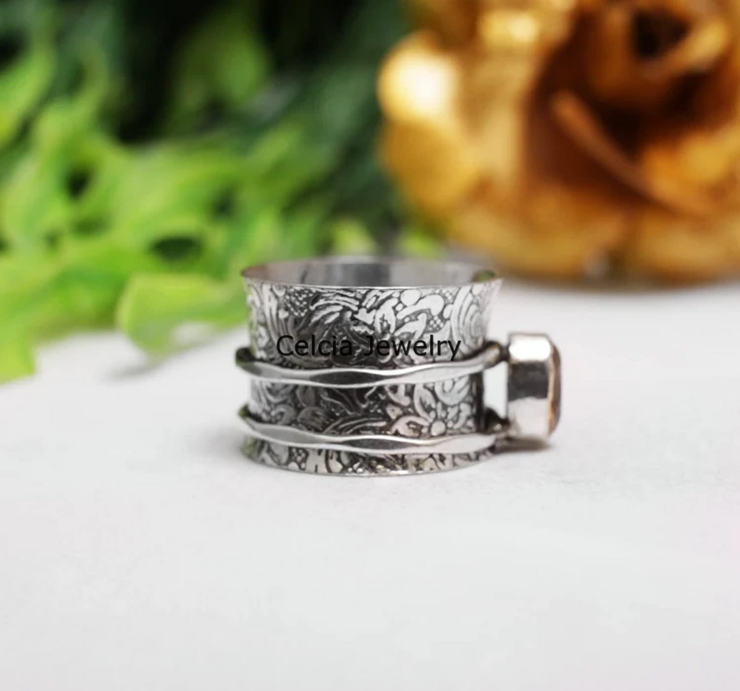 Citrine Gemstone Spinner Ring, Pure 925 Sterling Silver Handmade Ring, November Birthstone Ring, Anxiety Ring, Dainty Ring, Thumb Band Ring, Flower Design Ring (US Ring size 9) - Image 4