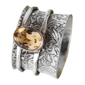 Citrine Gemstone Spinner Ring, Pure 925 Sterling Silver Handmade Ring, November Birthstone Ring, Anxiety Ring, Dainty Ring, Thumb Band Ring, Flower Design Ring (US Ring size 9)