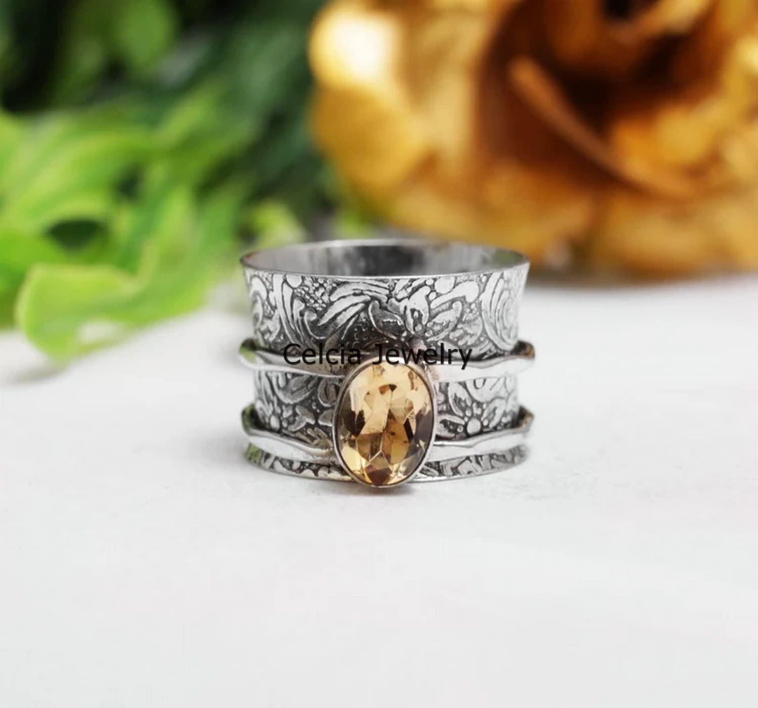 Citrine Gemstone Spinner Ring, Pure 925 Sterling Silver Handmade Ring, November Birthstone Ring, Anxiety Ring, Dainty Ring, Thumb Band Ring, Flower Design Ring (US Ring size 9) - Image 2