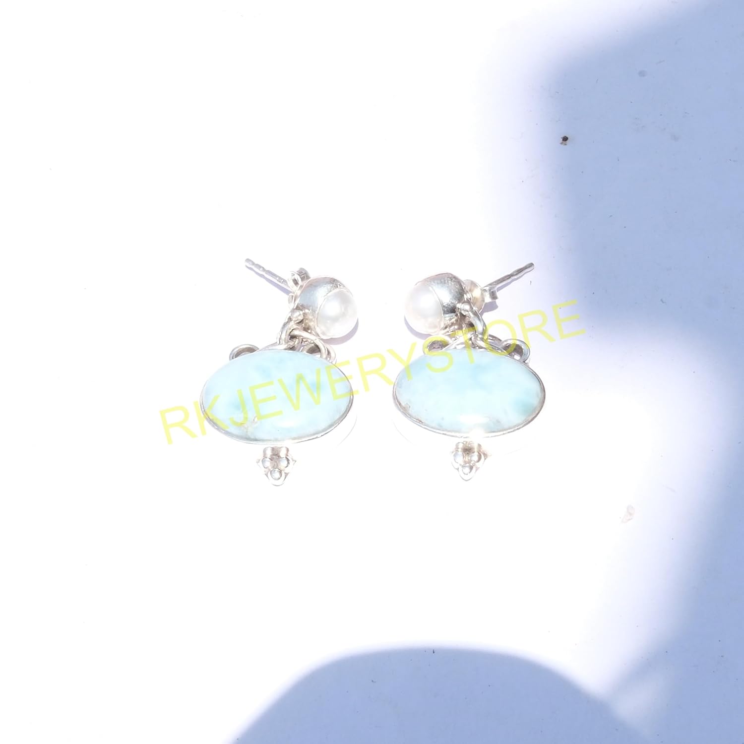Blue Larimar and mother of pearl Pure 925 Sterling Silver Handmade Dangle Earrings Drop Dangle Earring Blue Larimar Jewelry mother of pearl Jewelry Earrings For Women Girlfriend - Image 9