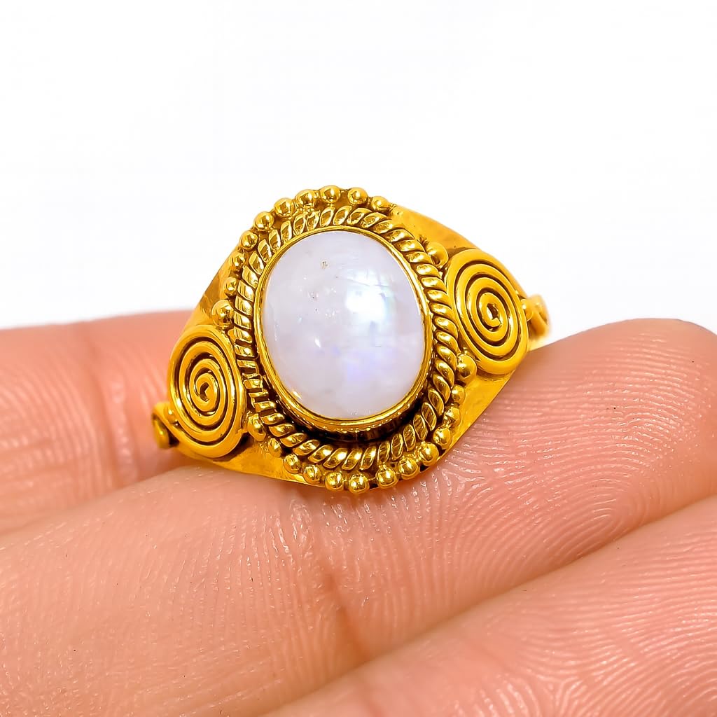 Moonstone Gold Ring Pure 925 Sterling Silver Yellow Gold Plated Boho Engagement Ring Jewellery Gift For Her (U) - Image 2