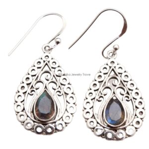 Faceted Labradorite Genuine Gemstone Pure 925 Sterling Silver Drop Earrings for Women and Bezel Set Ear Wire Earrings